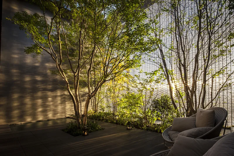 Chairs on the terrace in the evening, the glass wall behind