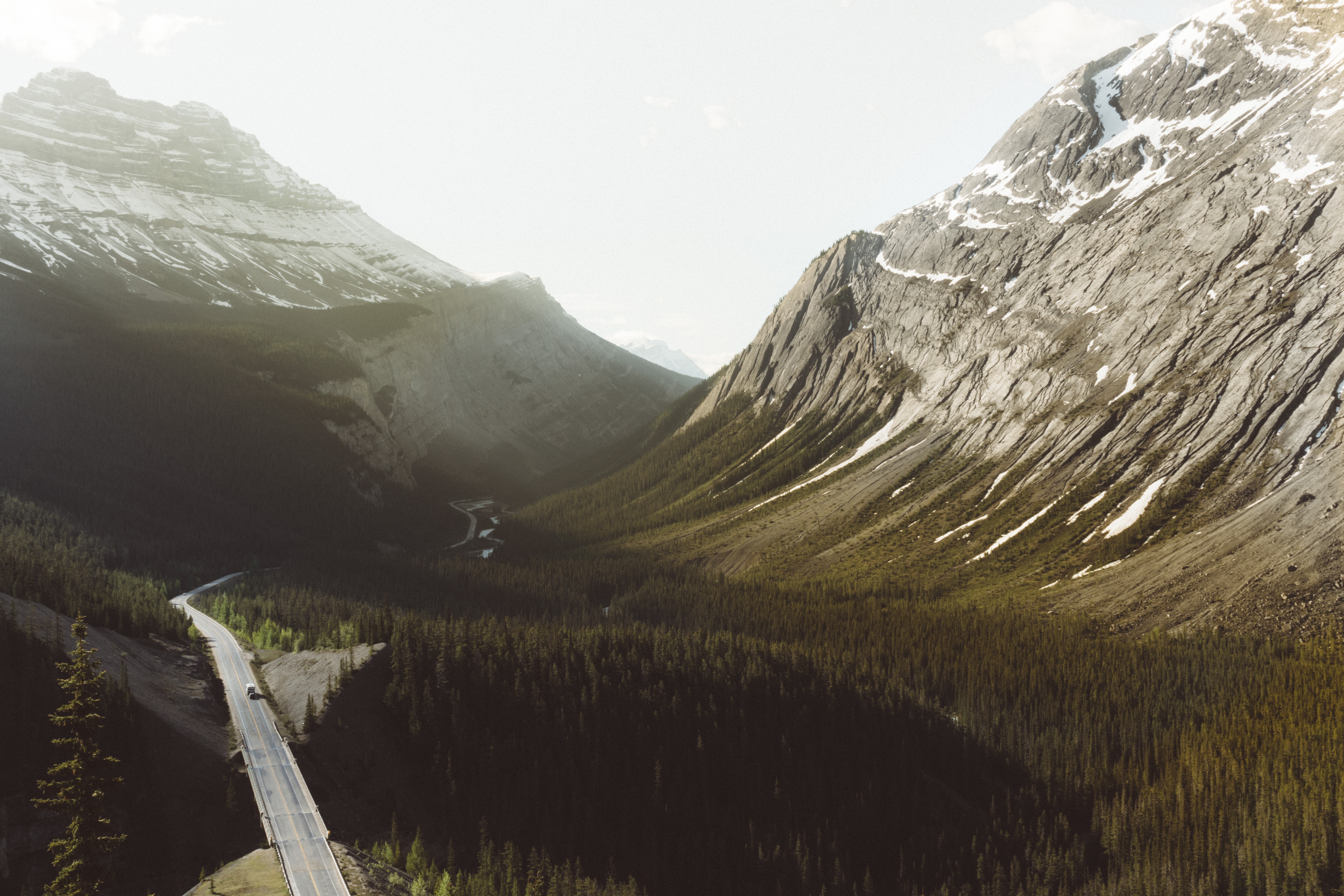 Icefields Parkway through a mountain valley in the Canadian Rockies