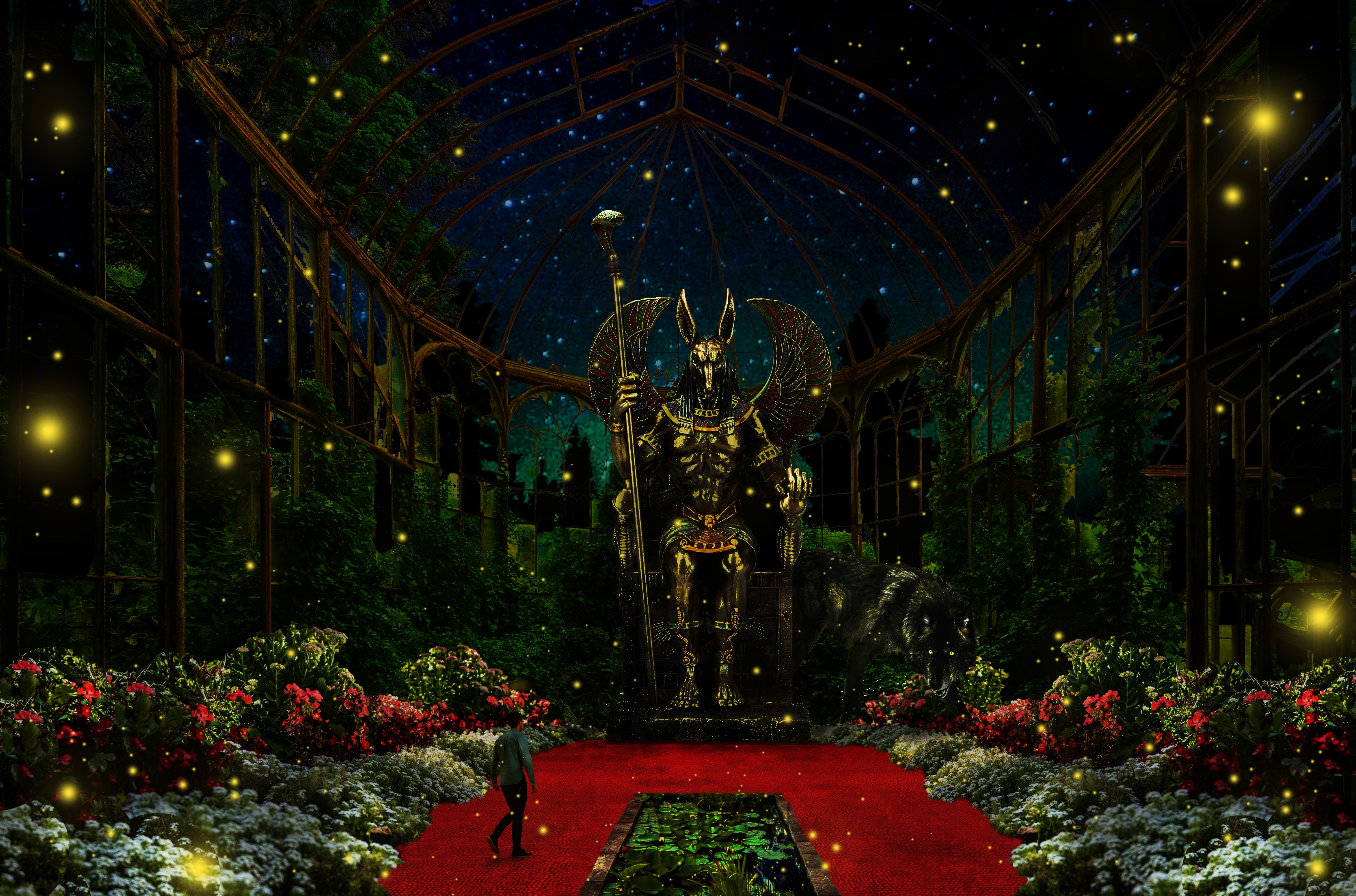 Golden Anubis statue in a greenhouse with flowers and fireflies