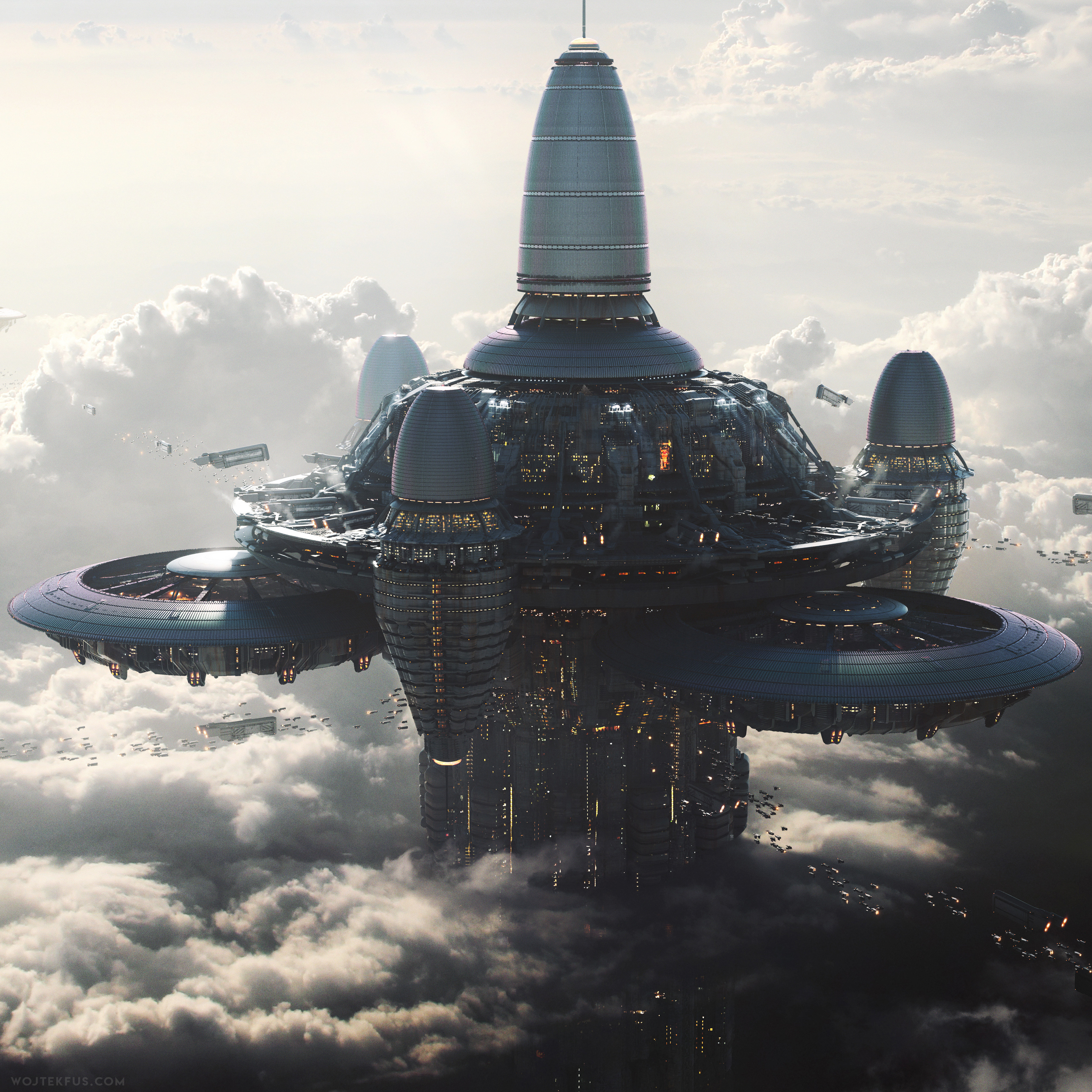 Floating sci-fi city in the clouds by Wojtek Fus