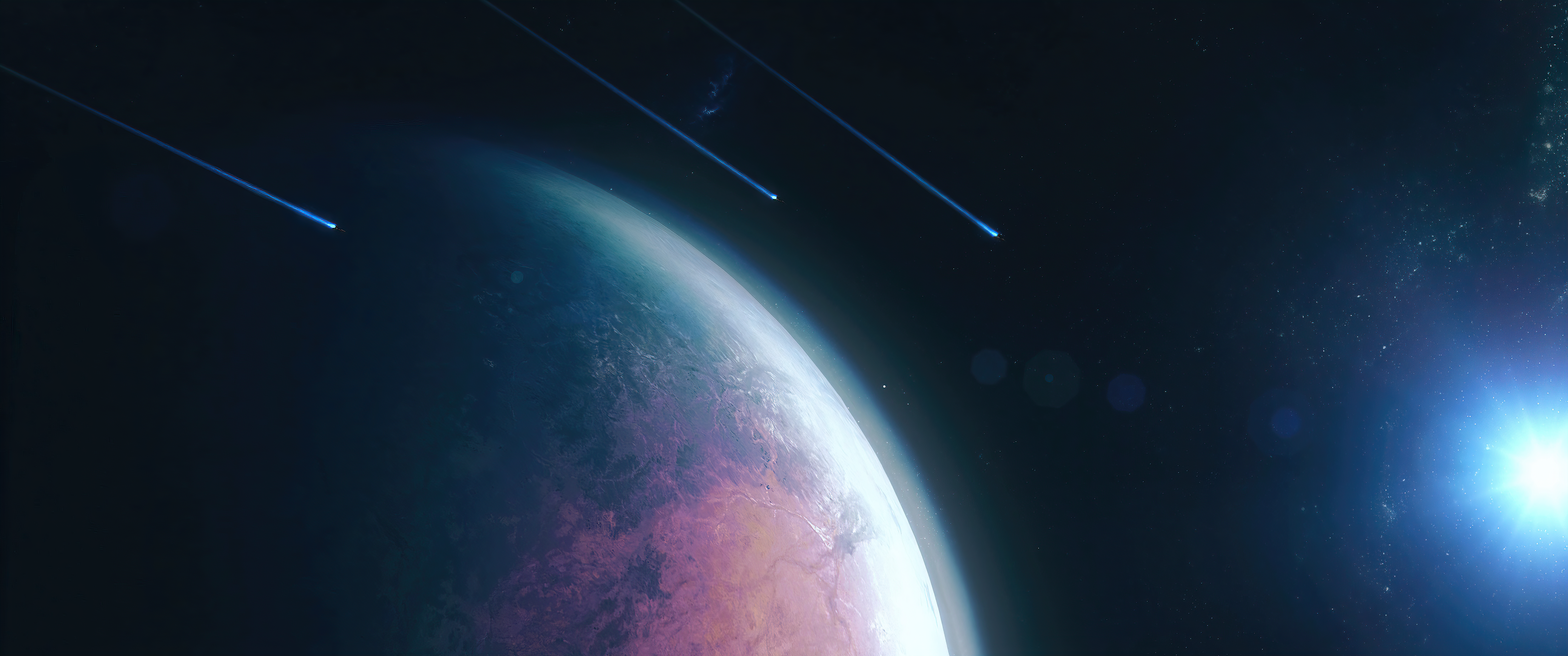 Planet in space with meteors and a distant star