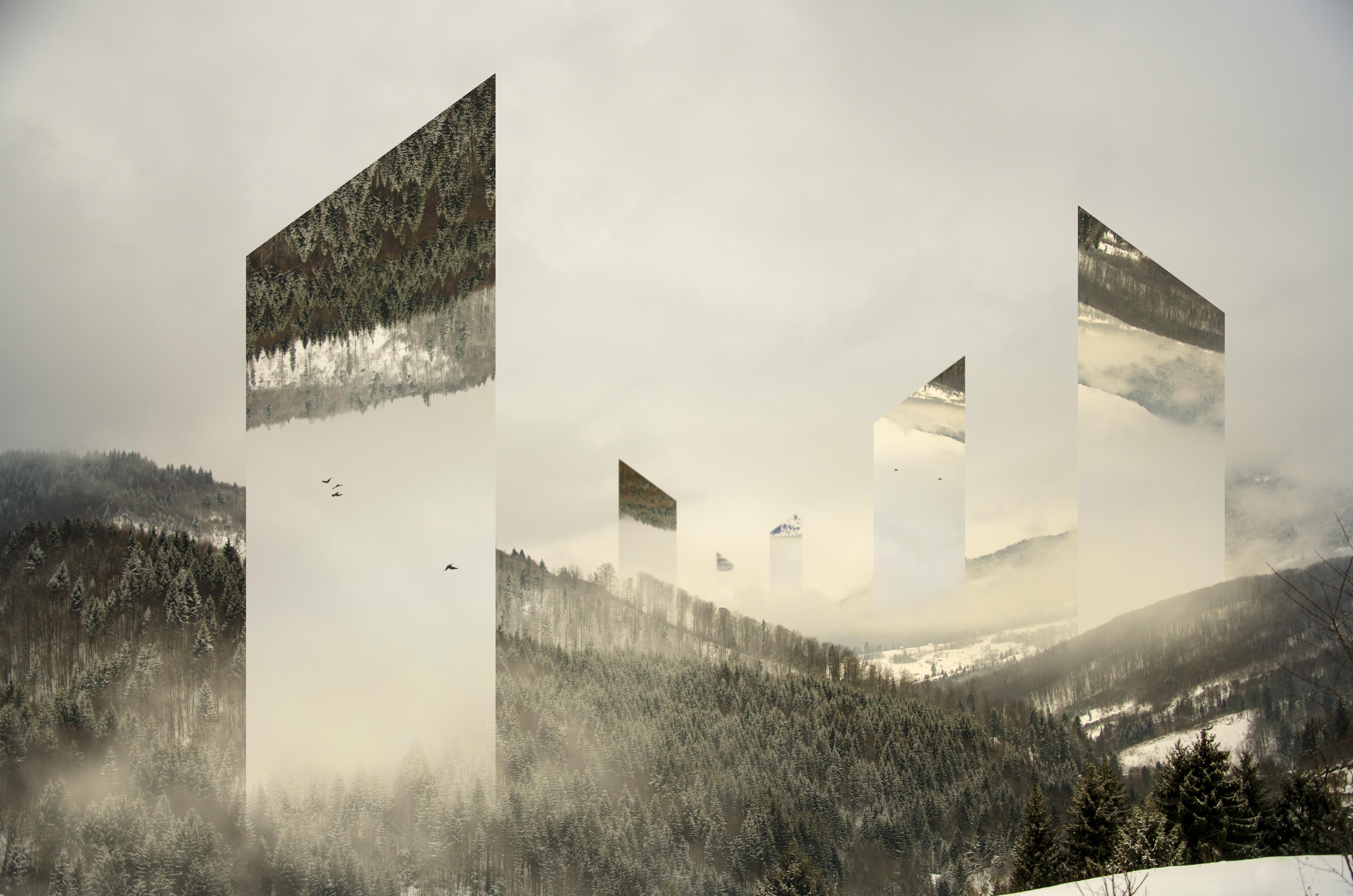 Surreal mirror portals standing in a misty mountain forest