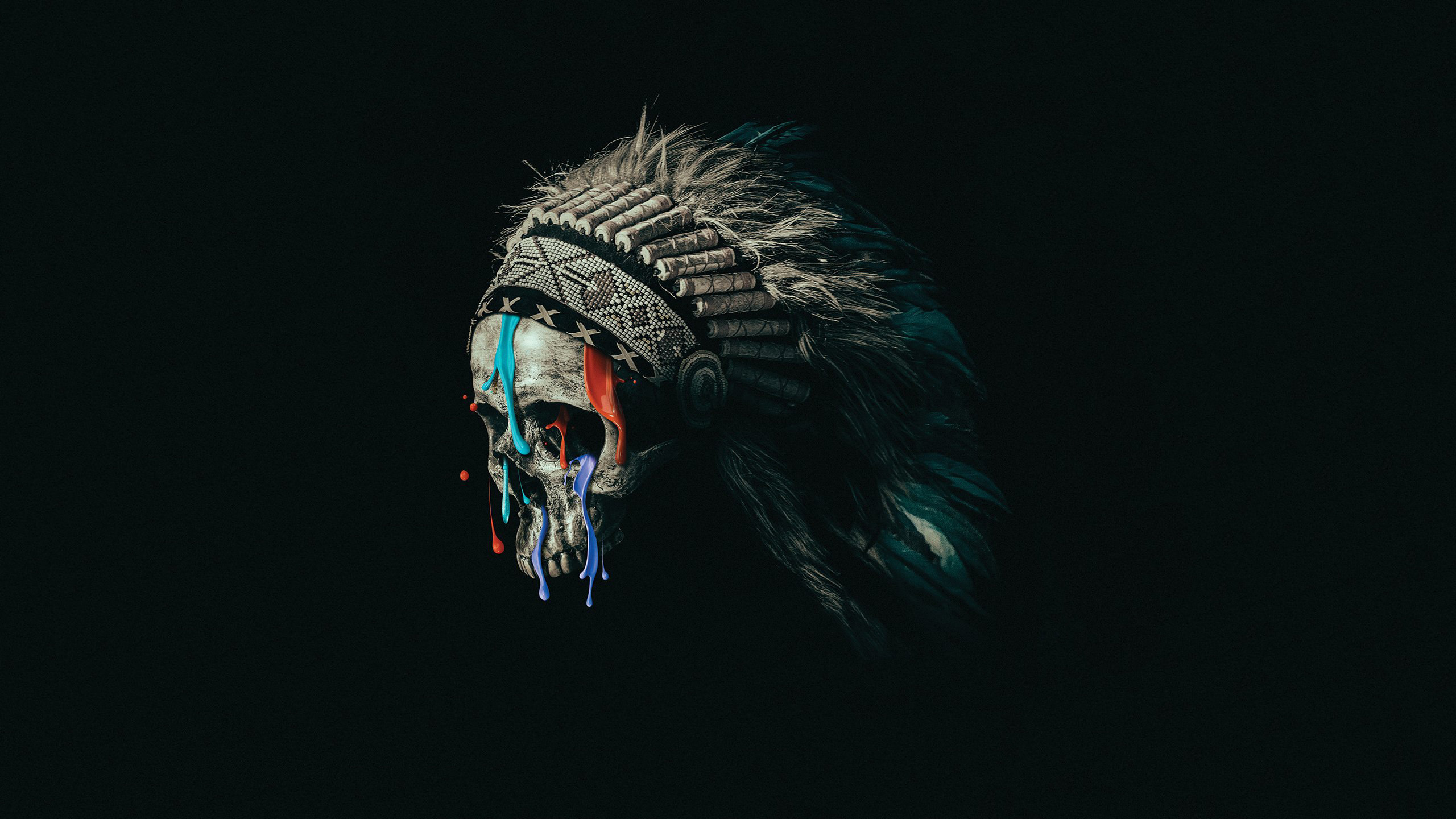 Skull wearing a Native American headdress with dripping paint
