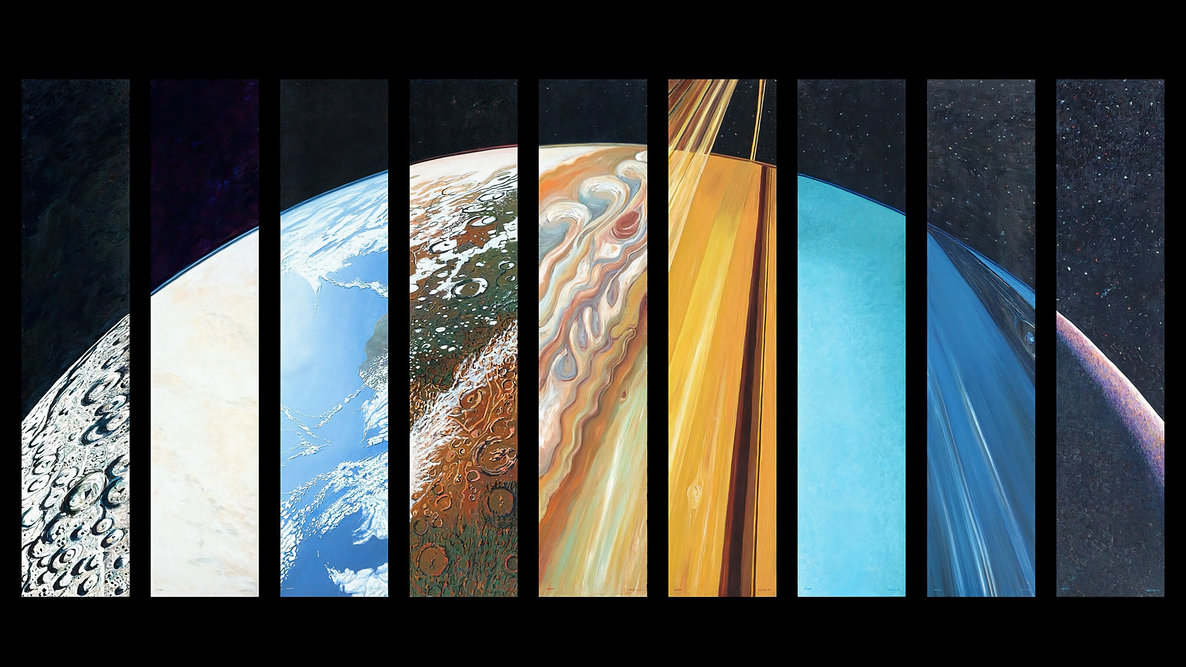 All planets of the solar system in vertical panels