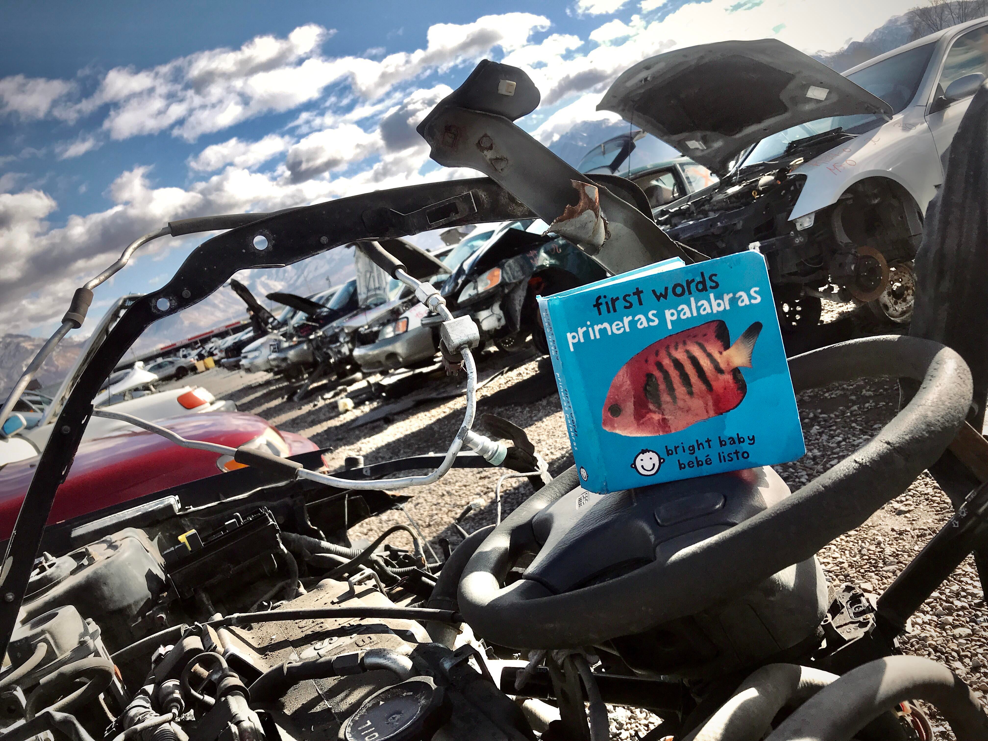 First Words children's book in a junkyard