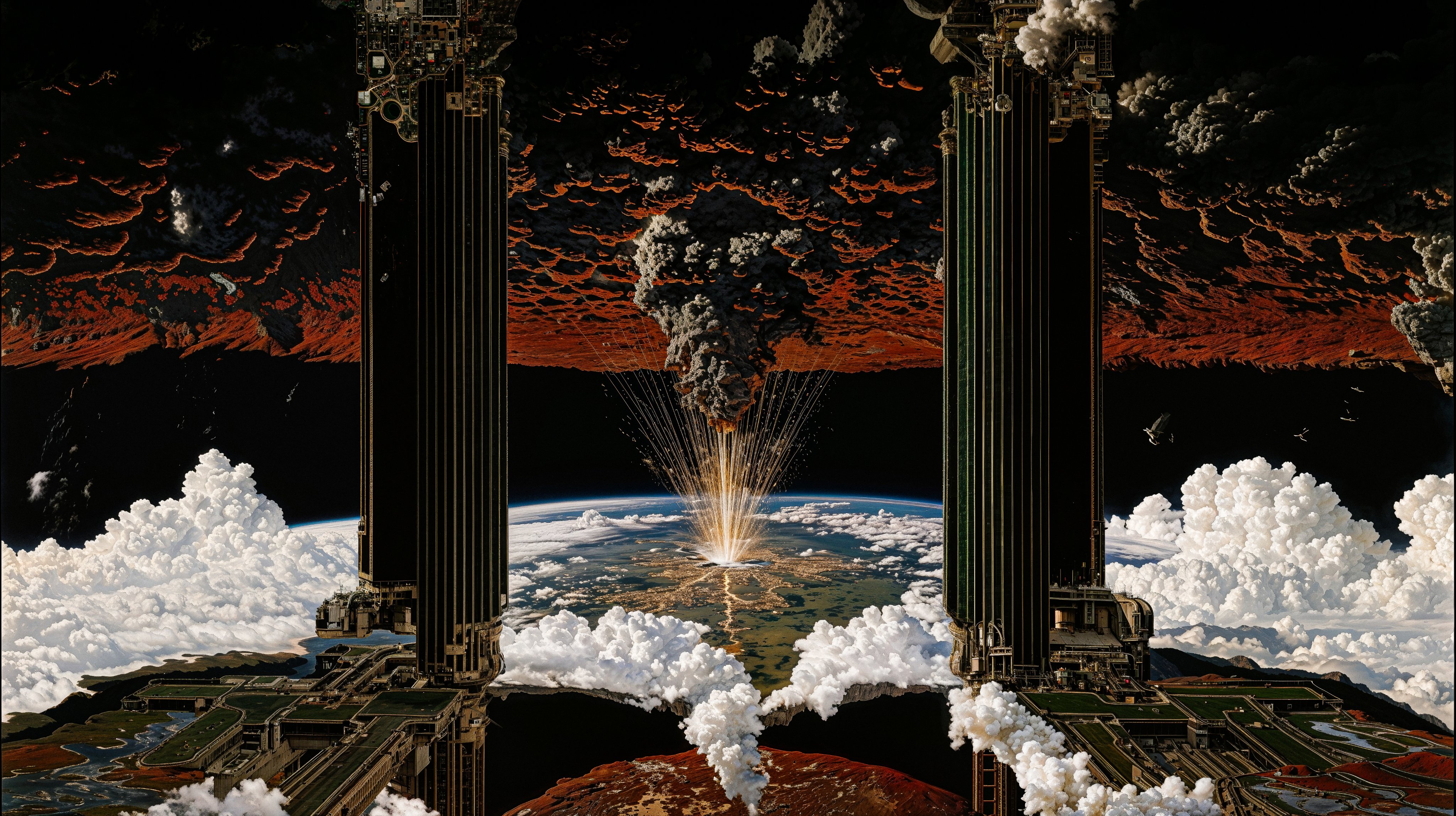 Sci-fi pillars framing Earth with a beam of light