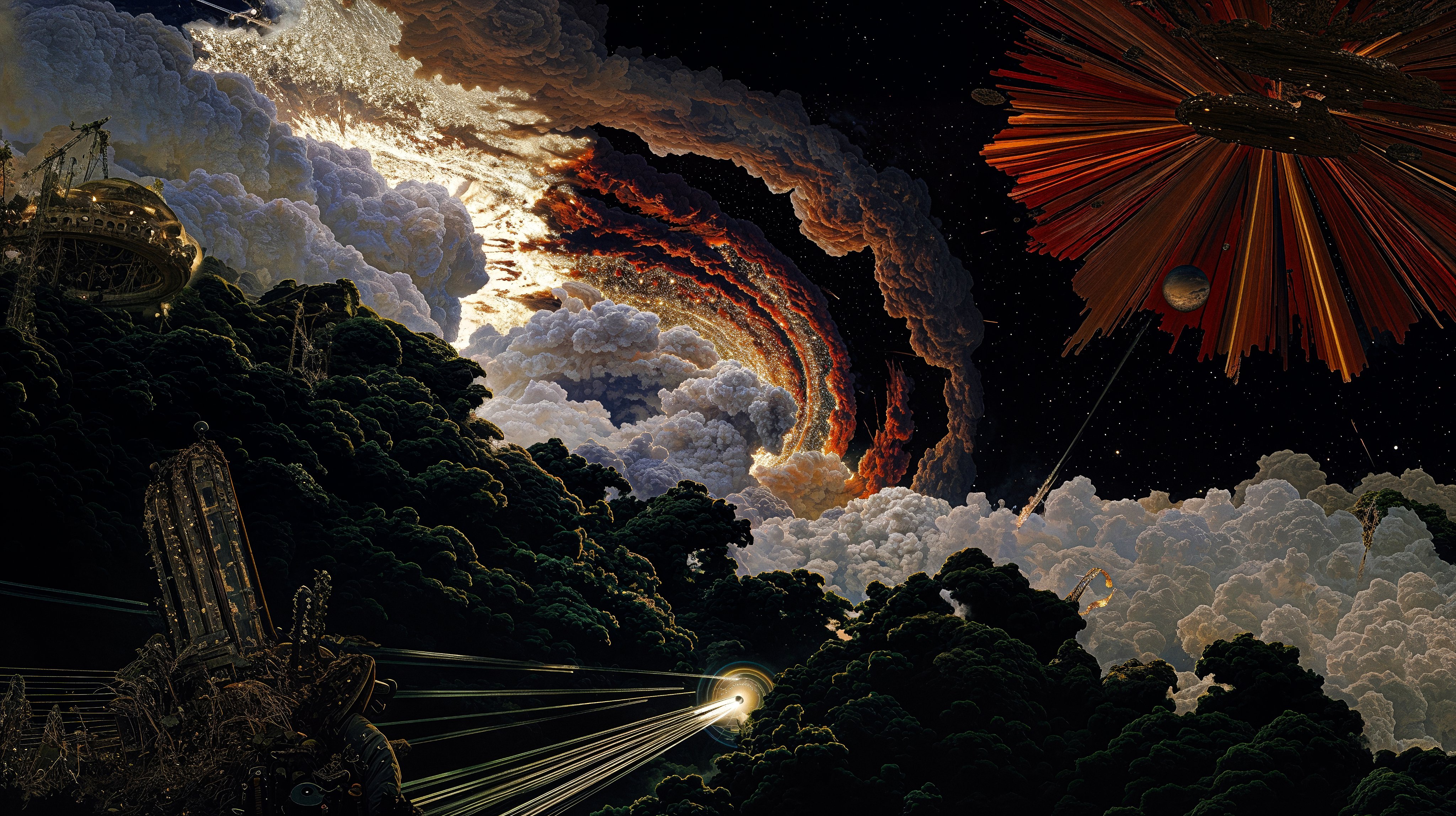 Cosmic jungle with clouds and celestial structures