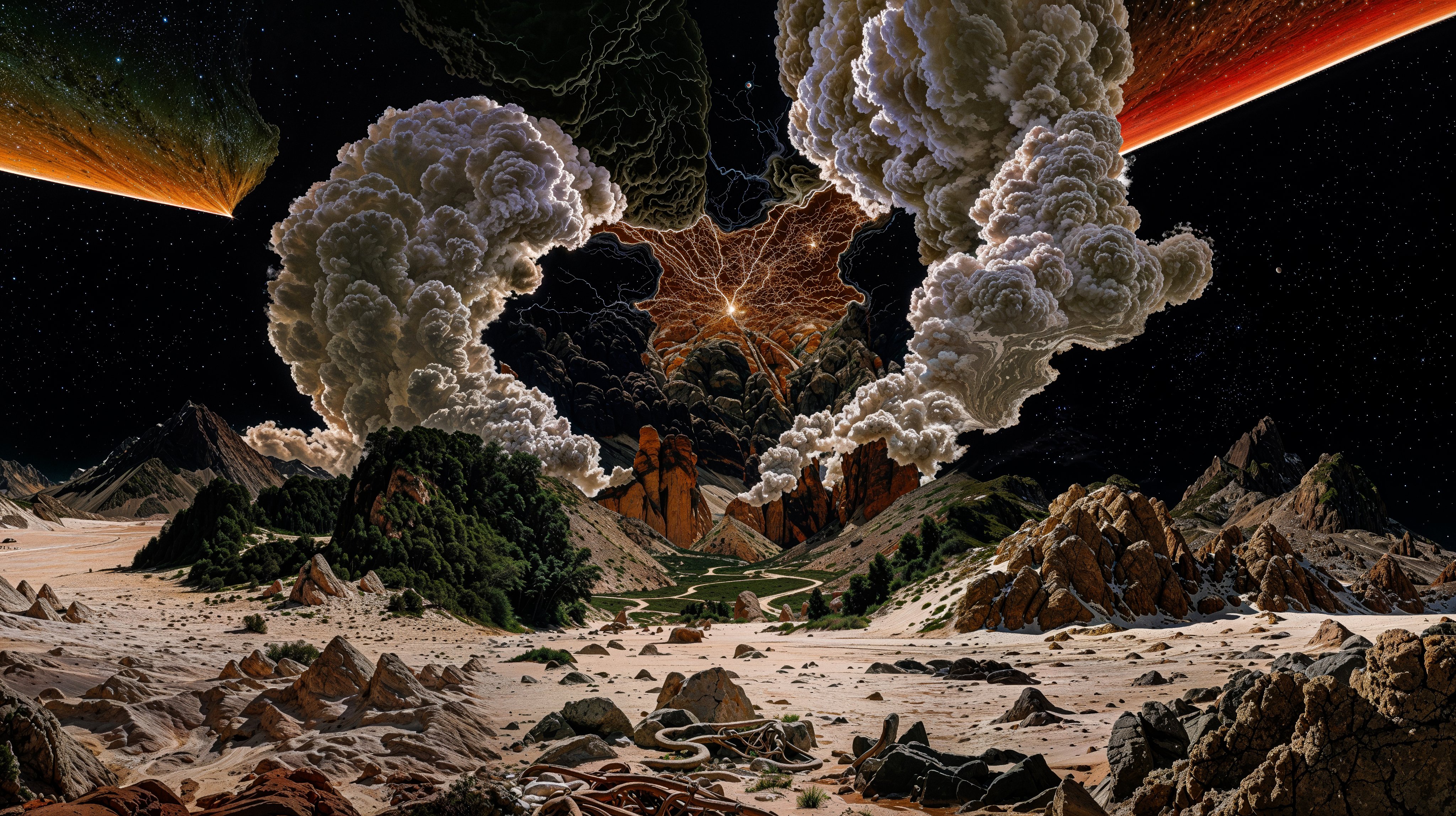 Alien desert landscape with towering clouds and lightning