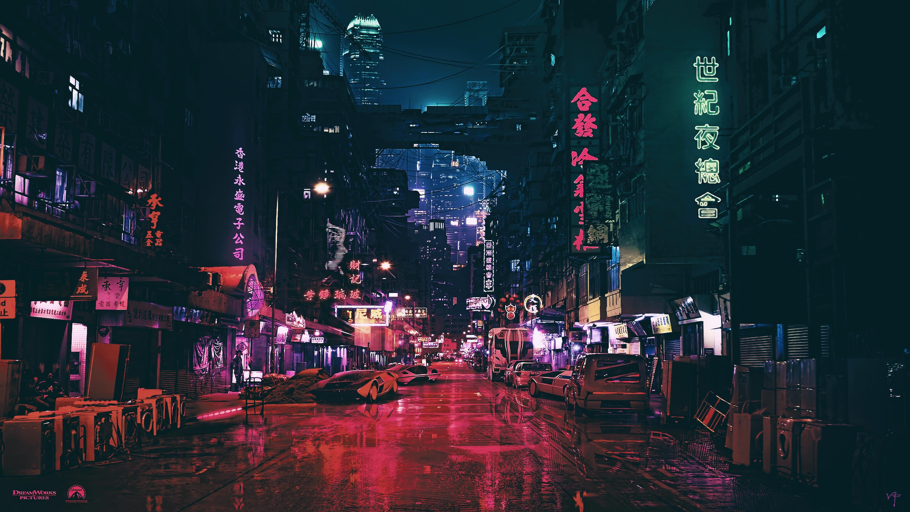 Cyberpunk neon city street at night, Ghost in the Shell