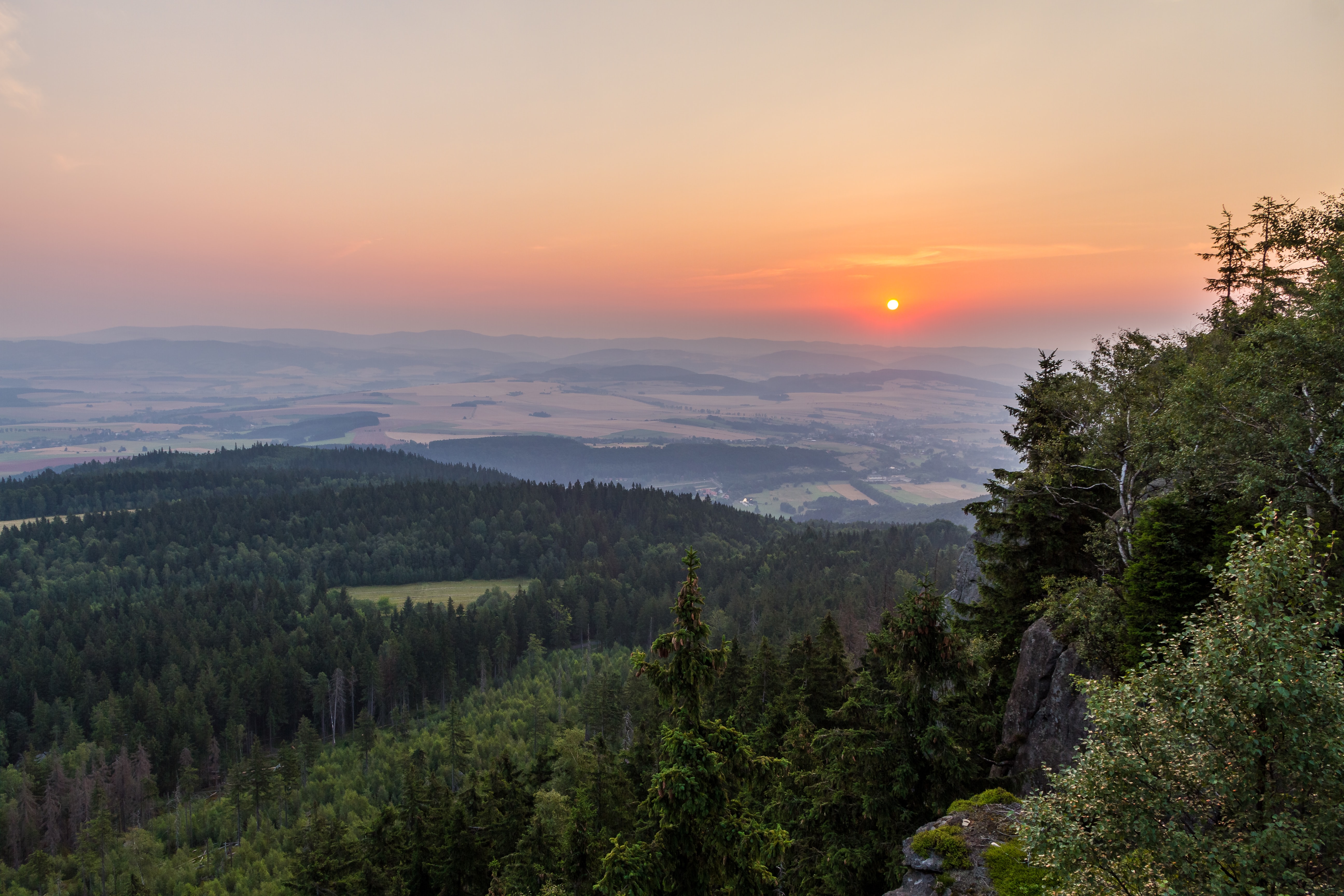 Sunset over a vast forested landscape from a cliff