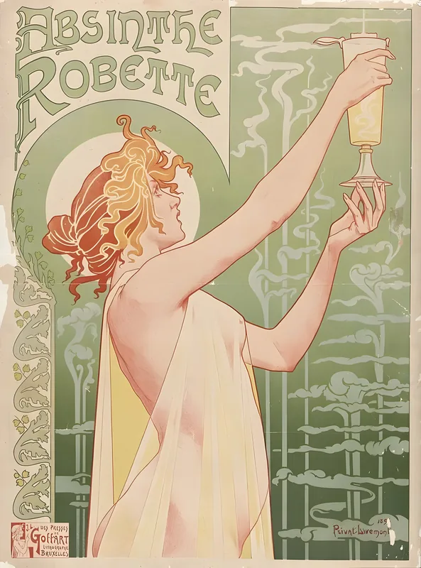 Art Nouveau poster of a bare-backed woman with flame-like red hair raising a glass of absinthe, a sugar cube balanced on a slotted spoon, green vapor rising behind her