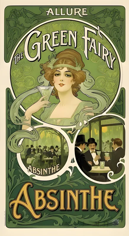 Absinthe poster for Allure: a Belle Époque woman in an elaborate updo holds a glass of absinthe, green vapor curling into the frame, with two small Parisian cafe scenes below