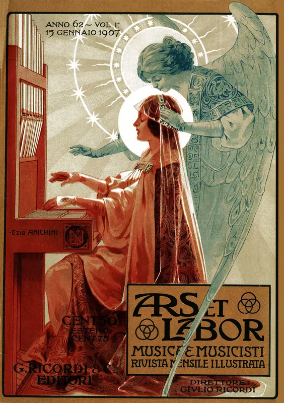 A woman at a portative organ is crowned by a winged angel, in coral red and celadon