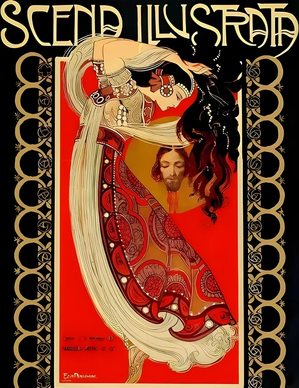 A dancer arches back in veils and gold jewellery, a severed head framed in a golden disc behind her