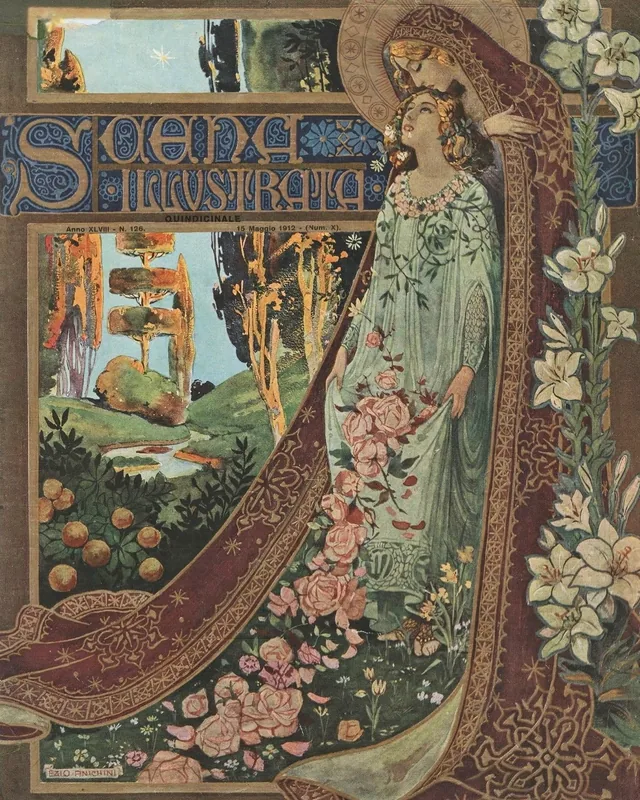A young woman in green looks upward as roses spill from her apron, white lilies in the foreground