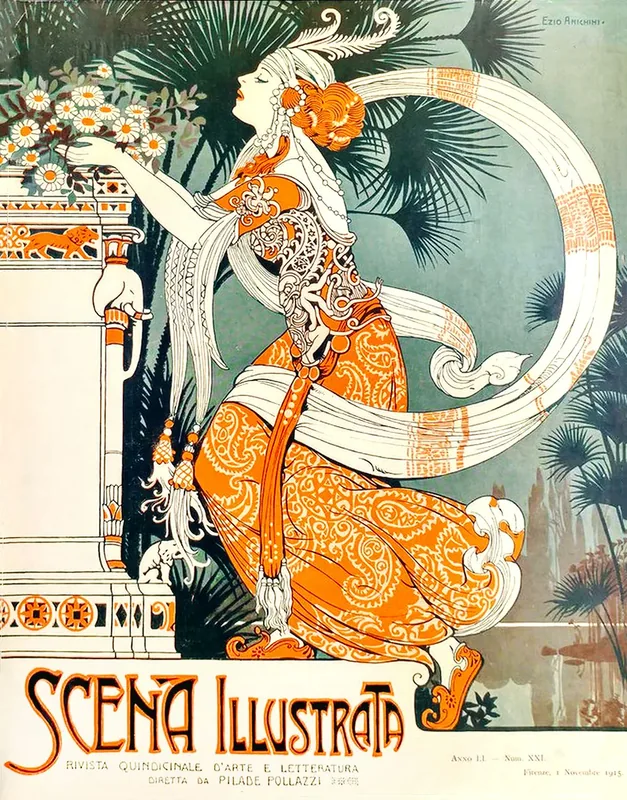 A woman in a patterned gown leans back against a pedestal of white daisies, palm fronds and a lake behind her