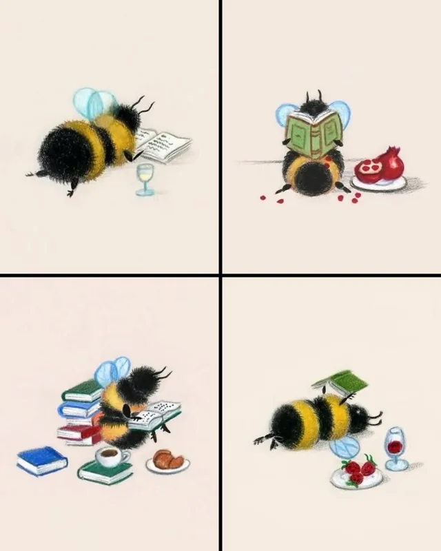 Four-panel illustration of a plump bumblebee reading, first stretched out on its stomach with a glass of white wine, then sitting upright behind a green book with pomegranate seeds around it, then leaning against a stack of books with coffee and a croissant, and last asleep on its back with an open book on its belly beside strawberries and red wine