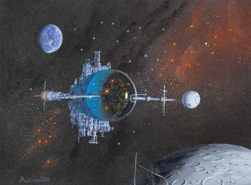 Colony Ship by Dexter Dickinson, a ringed colony ship with a glowing domed city drifting between an Earth-like planet and a cratered moon, against orange nebulae