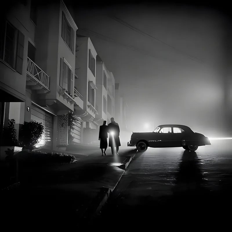 A black and white night photograph of a couple walking through fog past a parked vintage car and a row of townhouses in San Francisco