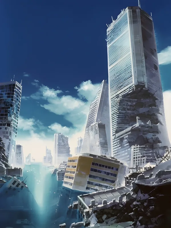 Sheared and crumbling towers half submerged in floodwater under a bright sky