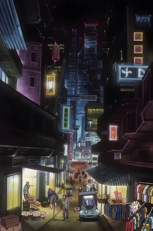 A narrow market alley at night, its lit stalls and shoppers crowded between tall buildings under glowing signs