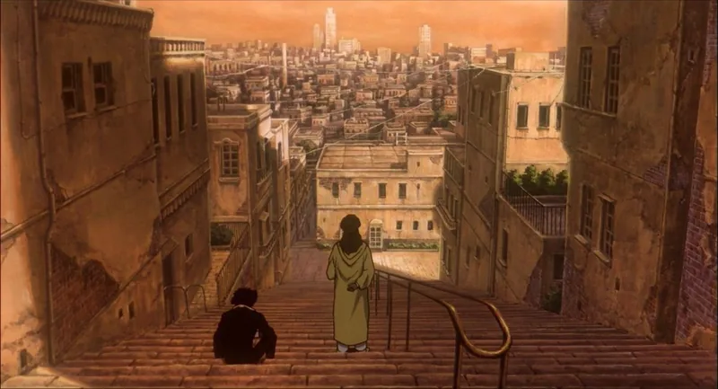 Figures on a broad stone staircase above a sunlit city of flat-roofed terracotta houses