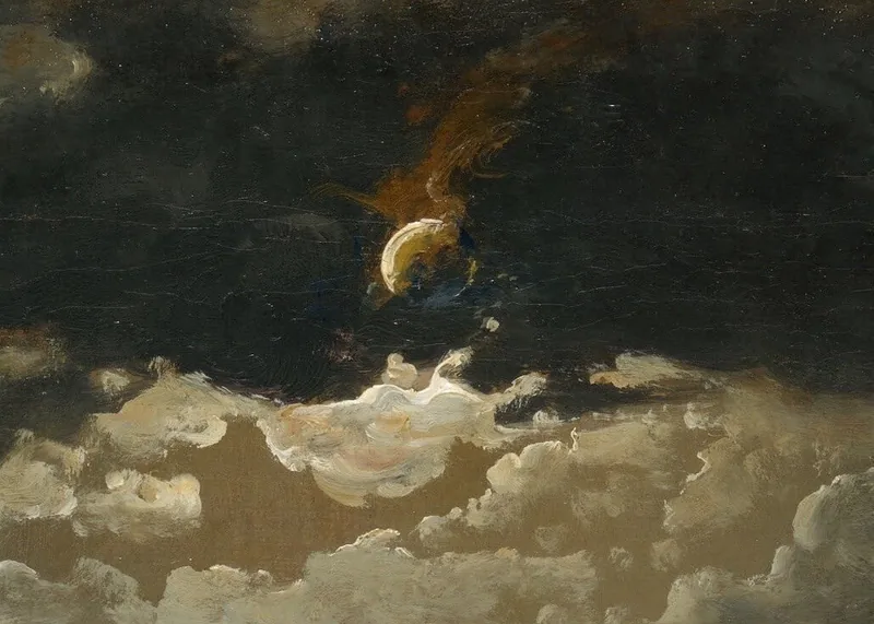 A crescent moon with soft vapor trails hangs among dark clouds lit from below