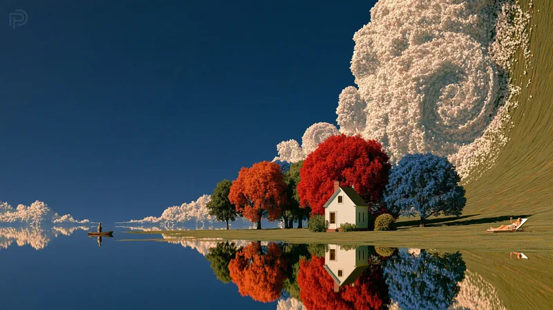 A wide mirrored panorama: a person rowing on still water, a white cottage among green, orange, red and blue trees, the bank curving up into a giant cloud, all reflected in the lake