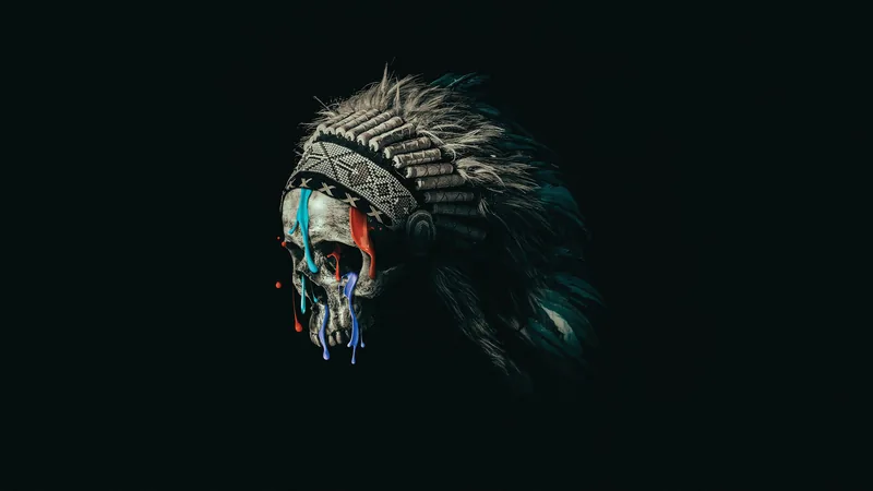 Skull wearing a Native American headdress with dripping paint