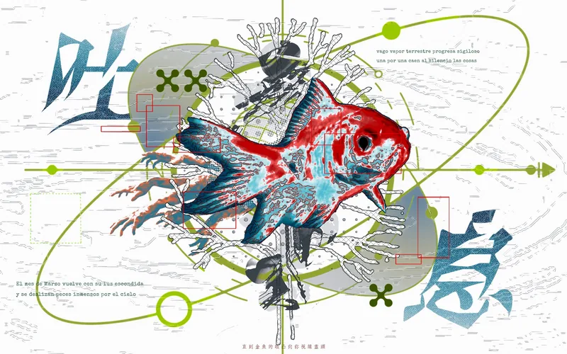 Surreal illustration of a red and cyan goldfish among ghostly hands, lime technical diagrams, Spanish poetry and kanji reading exhale.