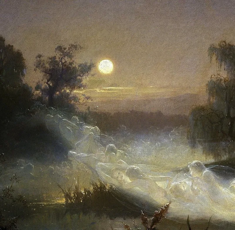 Translucent figures drift above a pond in the moonlight, framed by willow branches