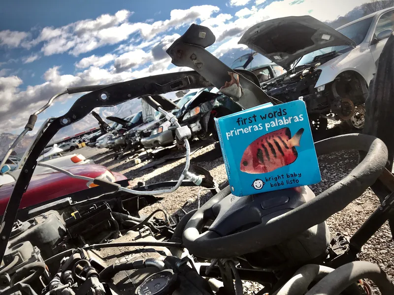 First Words children's book in a junkyard