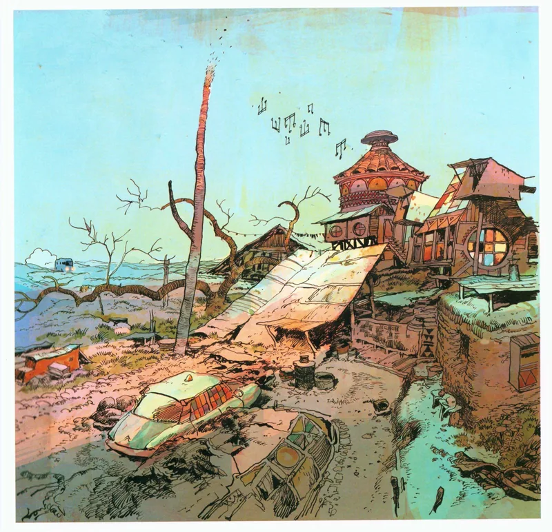 A salvage compound of timber and corrugated metal on a dusty shore, a wrecked Citroen DS in the foreground and musical notes drifting above the rooftops at dusk