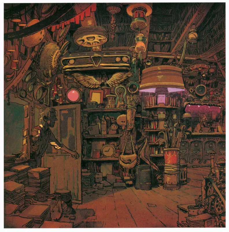 A gaunt man at the door of a cluttered curio shop, its rafters hung with car parts, clocks and books, the front of an old car mounted above a pair of spread wings