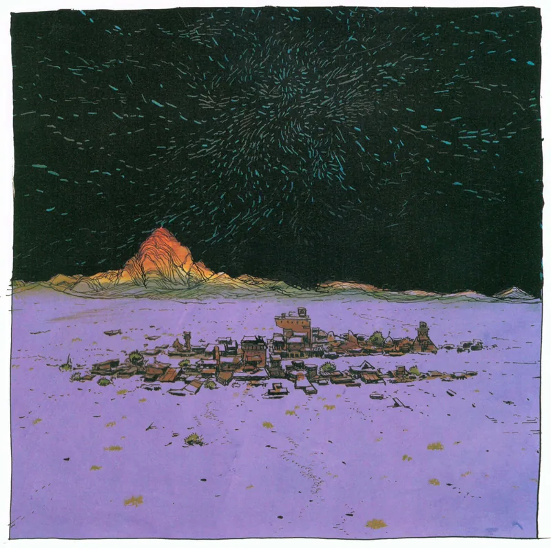 A lone desert outpost of low ramshackle buildings on a pale violet plain, a single peak burning on the horizon beneath a black sky of swirling turquoise streaks