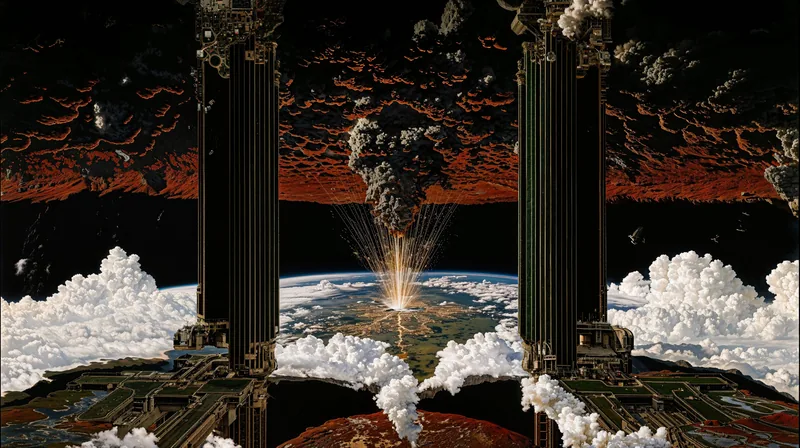 Sci-fi pillars framing Earth with a beam of light