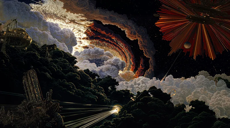 Cosmic jungle with clouds and celestial structures