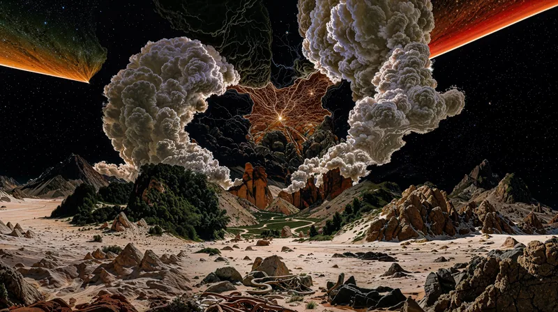 Alien desert landscape with towering clouds and lightning