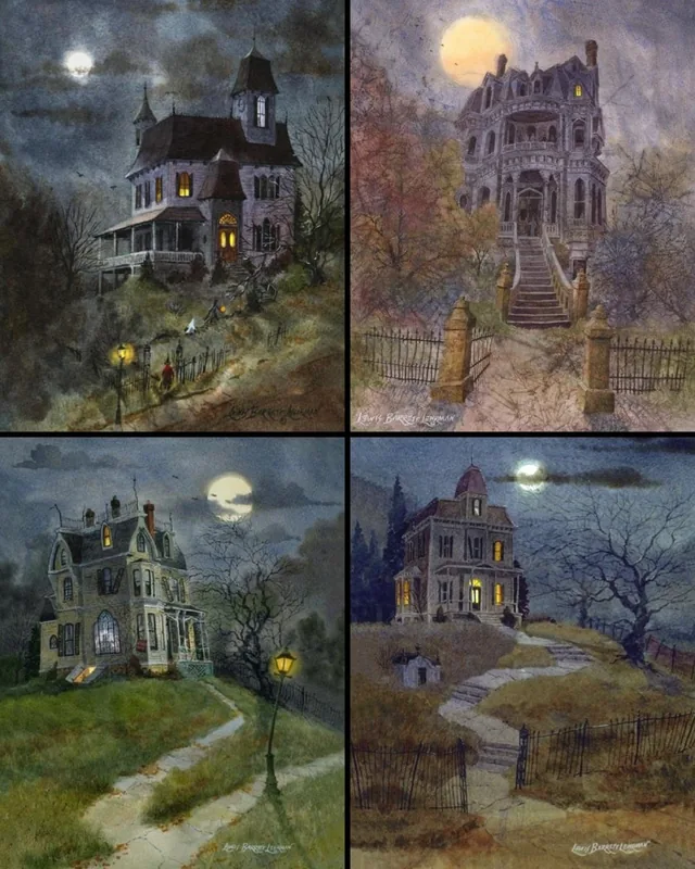 Four paintings of Victorian haunted houses under full moons at night by Lewis Barrett Lehrman