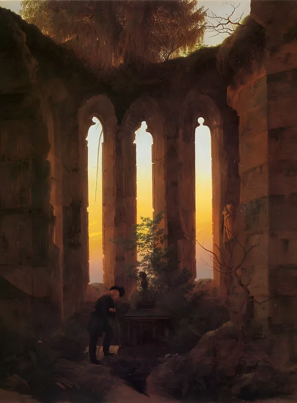 Hutten's Grave by Caspar David Friedrich, a man in old German dress leaning on a sword beside a tomb inside a ruined Gothic choir