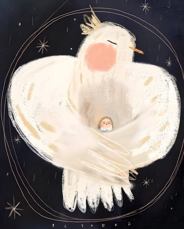 A large white bird with its wings folded around a small figure, on a dark starry ground