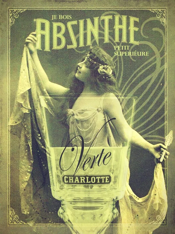 Vintage absinthe poster over a Belle Époque photograph: a dancer in a pearl-trimmed dress and beaded veil holds a slotted absinthe spoon while a large glass of green absinthe stands in front