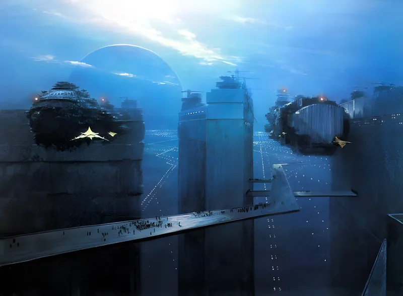A crowded footbridge spanning a void above a vast city at dusk