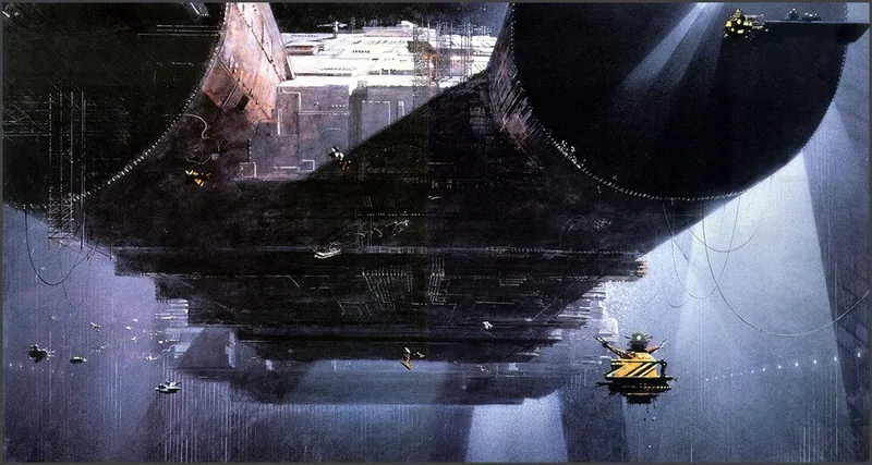 A colossal starship under construction in a hangar, cut by beams of searchlight