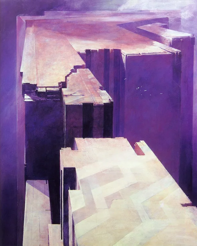 Stepped monolithic towers rising out of a violet mist
