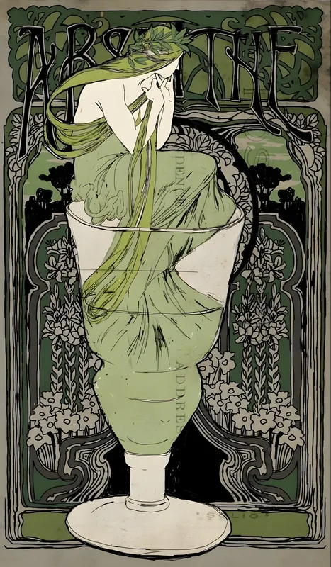 Art nouveau illustration of the green fairy crowned with wormwood, her green dress flowing down into the bowl of an absinthe glass, under the word Absinthe