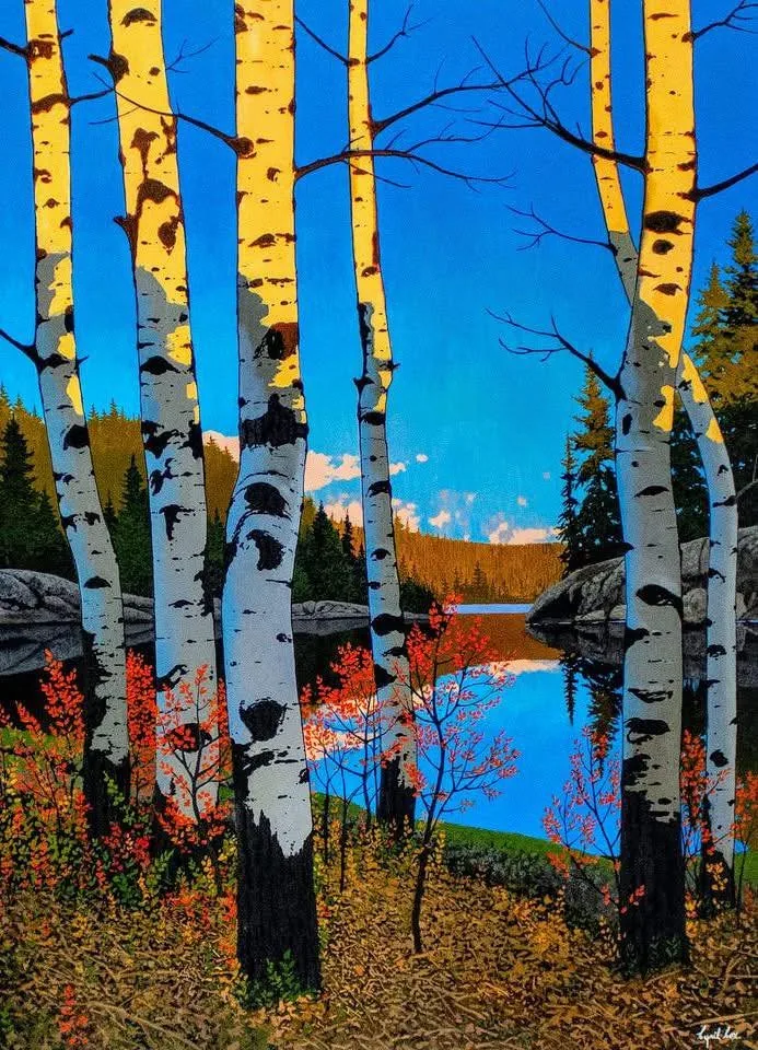 Late Afternoon Light by Cyril Cox, vivid autumnal birch landscape