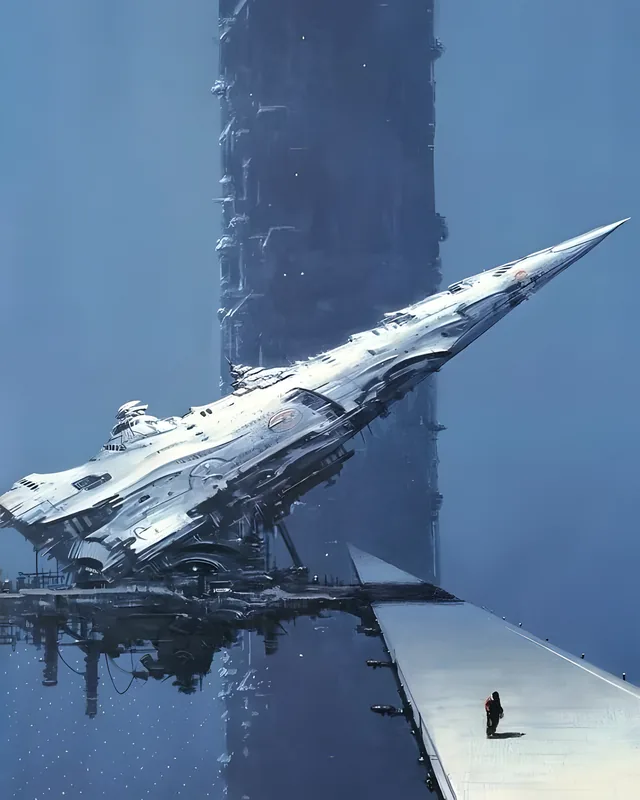 A lone figure on a walkway before a docked starship and a tall tower in blue haze