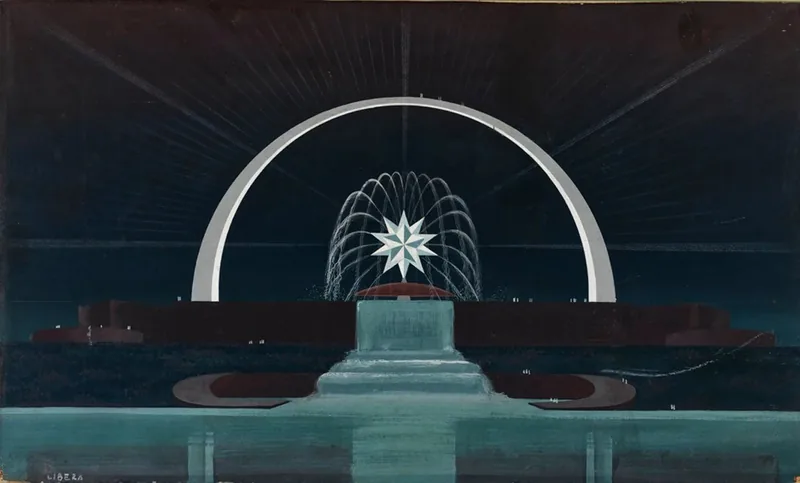 Night rendering of a colossal arch spanning a water basin with a cascading fountain at its centre