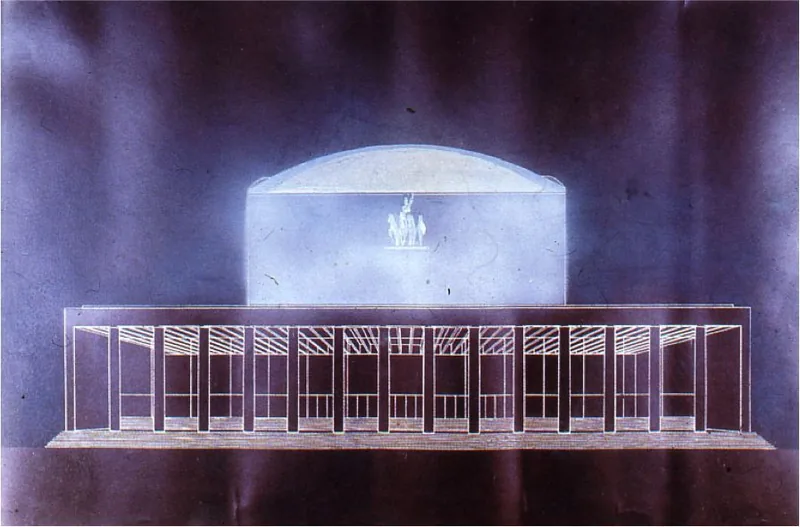 Blue-toned elevation drawing of a reception hall with a colonnaded porch and a curved vault behind it